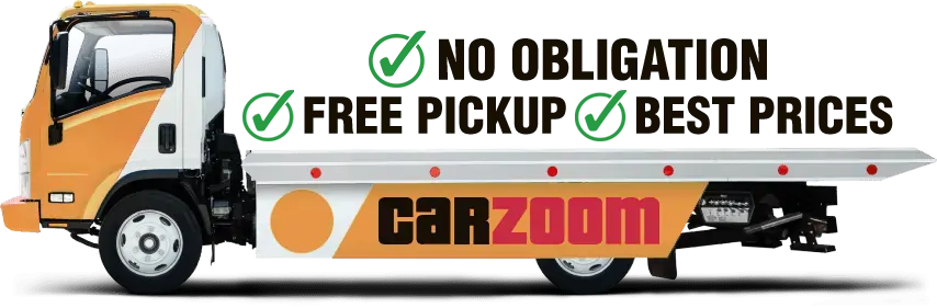 An orange and white flatbed tow truck with the CarZoom logo.